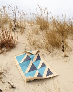 Sky Blue Geometric Modernist Carpet, Flat-Weave Dhurrie Rug in Handwoven Cotton