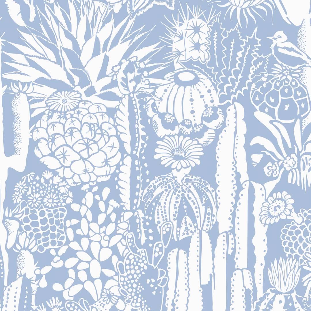 Cactus Spirit Screen Printed Wallpaper in Color Peri 'Soft White on Periwinkle'