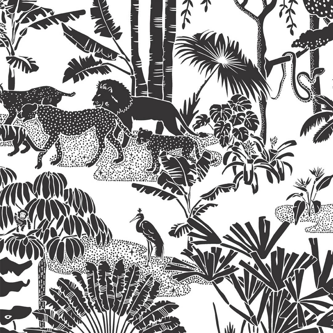 Jungle Dream Designer Wallpaper in Charcoal 'Black and White'