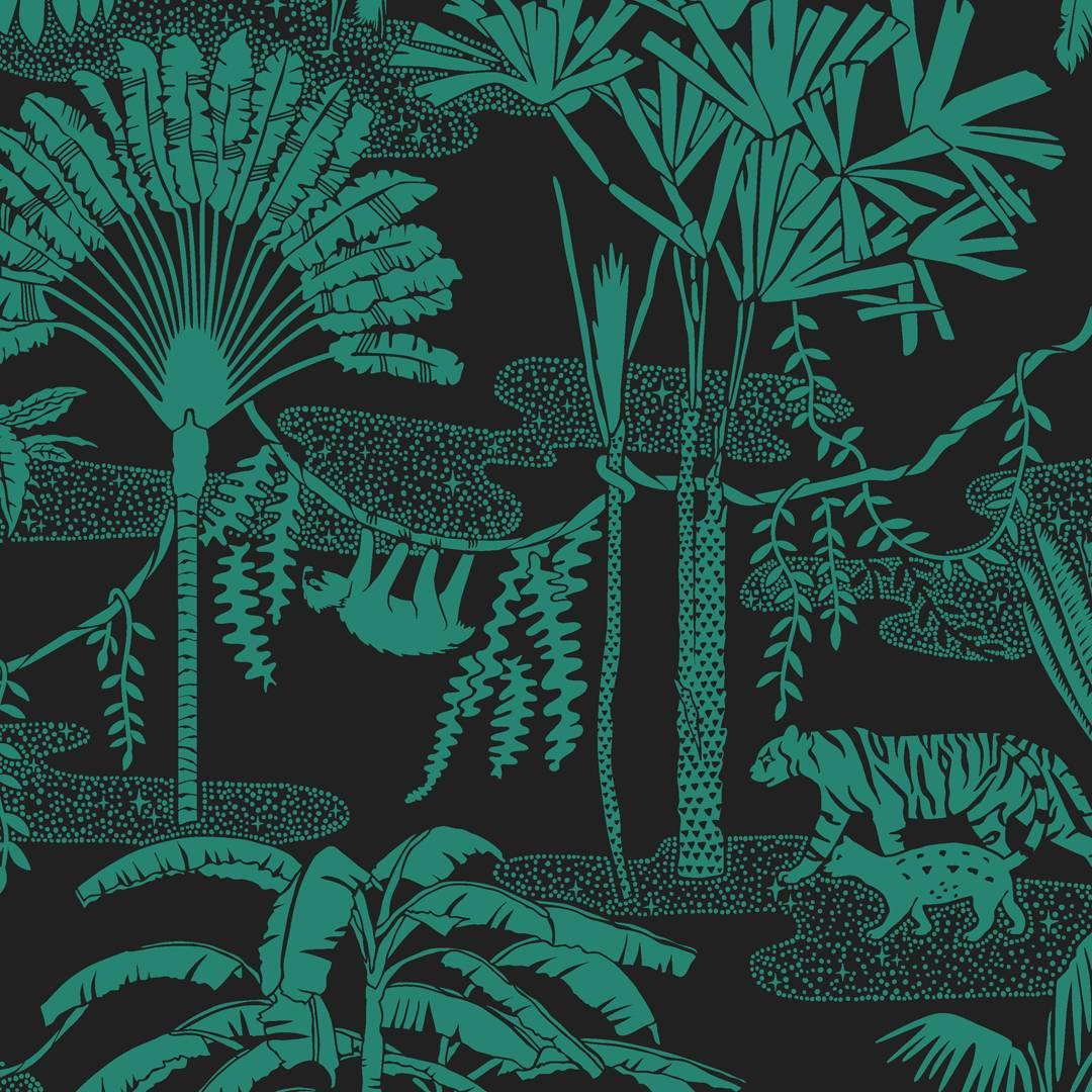 Papier peint Jungle Dream Designer en couleur émeraude « vert et noir » en vente