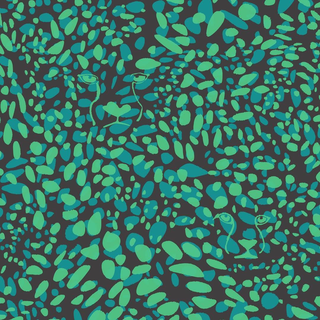 Papier peint de créateur Cheetah Vision nocturne Sarcelle, vert électrique et noir