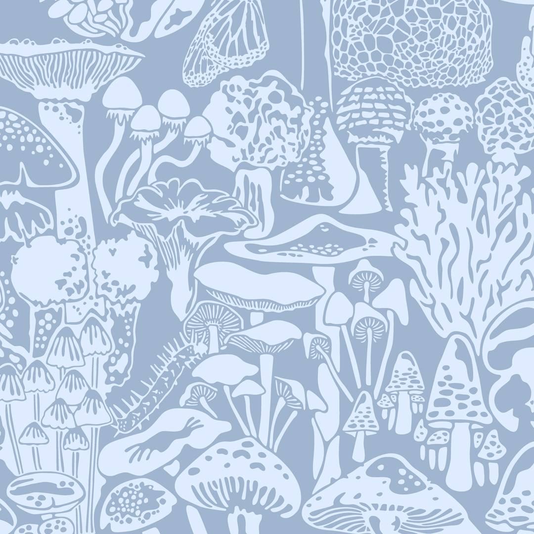 Papier peint de designer Mushroom City en glaçage bleu poudre et pervenche en vente