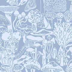 Antique Mushroom City Designer Wallpaper in Glacial 'Powder Blue and Periwinkle'