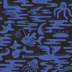 Mystic Lagoon Designer Wallpaper in Aster 'Cobalt on Black'