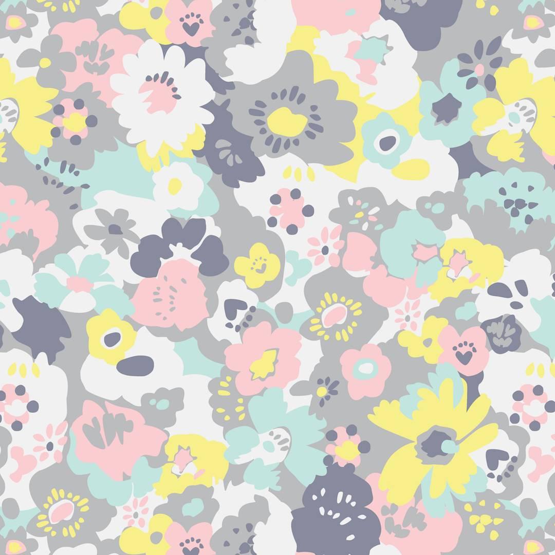 Carta da parati di design Wildflower in napoletano 'Rosa, giallo, menta e grigio'.
