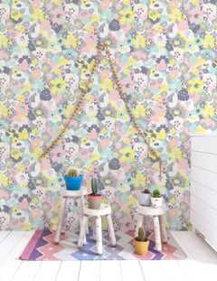 Wildflower Designer Wallpaper in Neapolitan 'Pink, Yellow, Mint and Grey'
