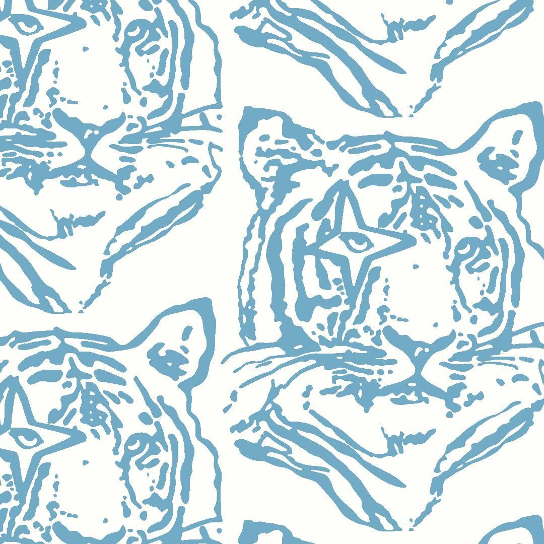 Star Tiger Designer Wallpaper in Denim 'Dusty Blue and White'