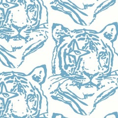 Vintage Star Tiger Designer Wallpaper in Denim 'Dusty Blue and White'