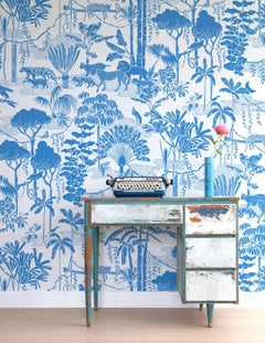 Jungle Dream Designer Screen Printed Wallpaper in Color Orinoco 'Blue on White'