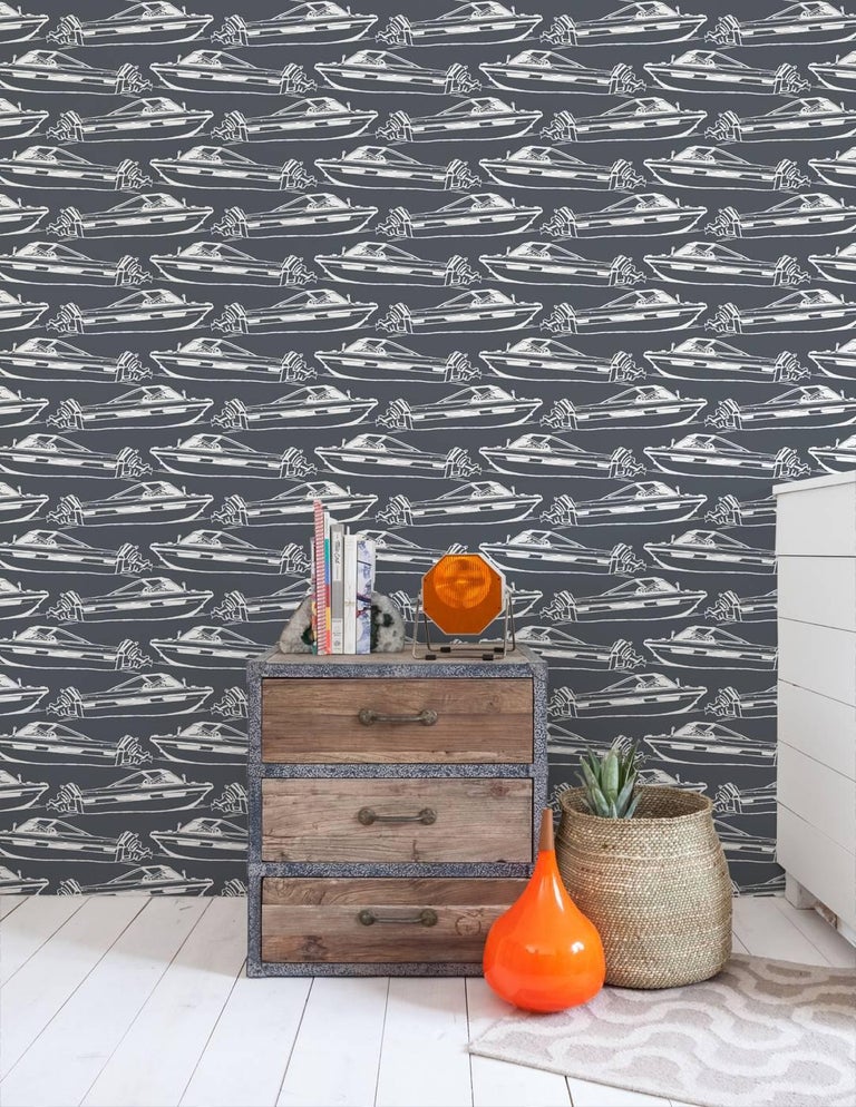 Boating Screen Printed Wallpaper in Color Pebble &lsquo;White on Black&rsquo; For