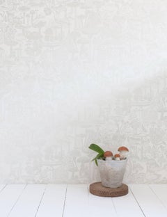 Mushroom City Designer Wallpaper in Mist 'Pearlescent on Soft White'