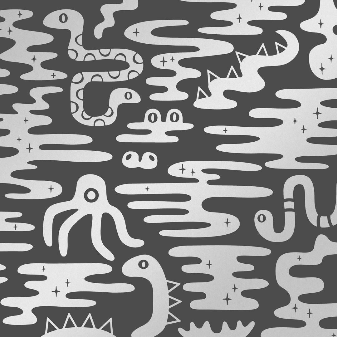 Mystic Lagoon Designer Wallpaper in Thunder 'Metallic Silver on Charcoal' For Sale