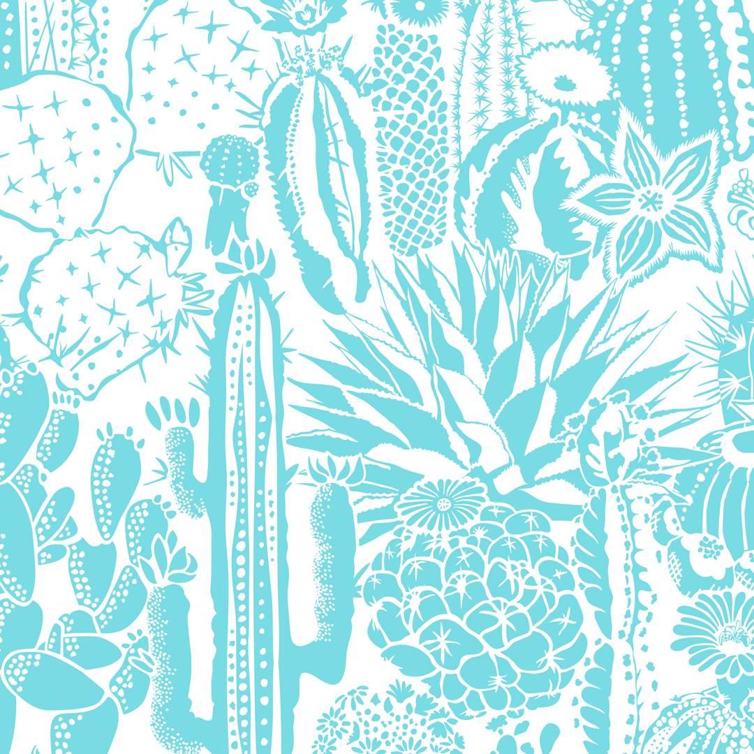 Cactus Spirit Designer Wallpaper in Tequila 'Turquoise and White' For Sale