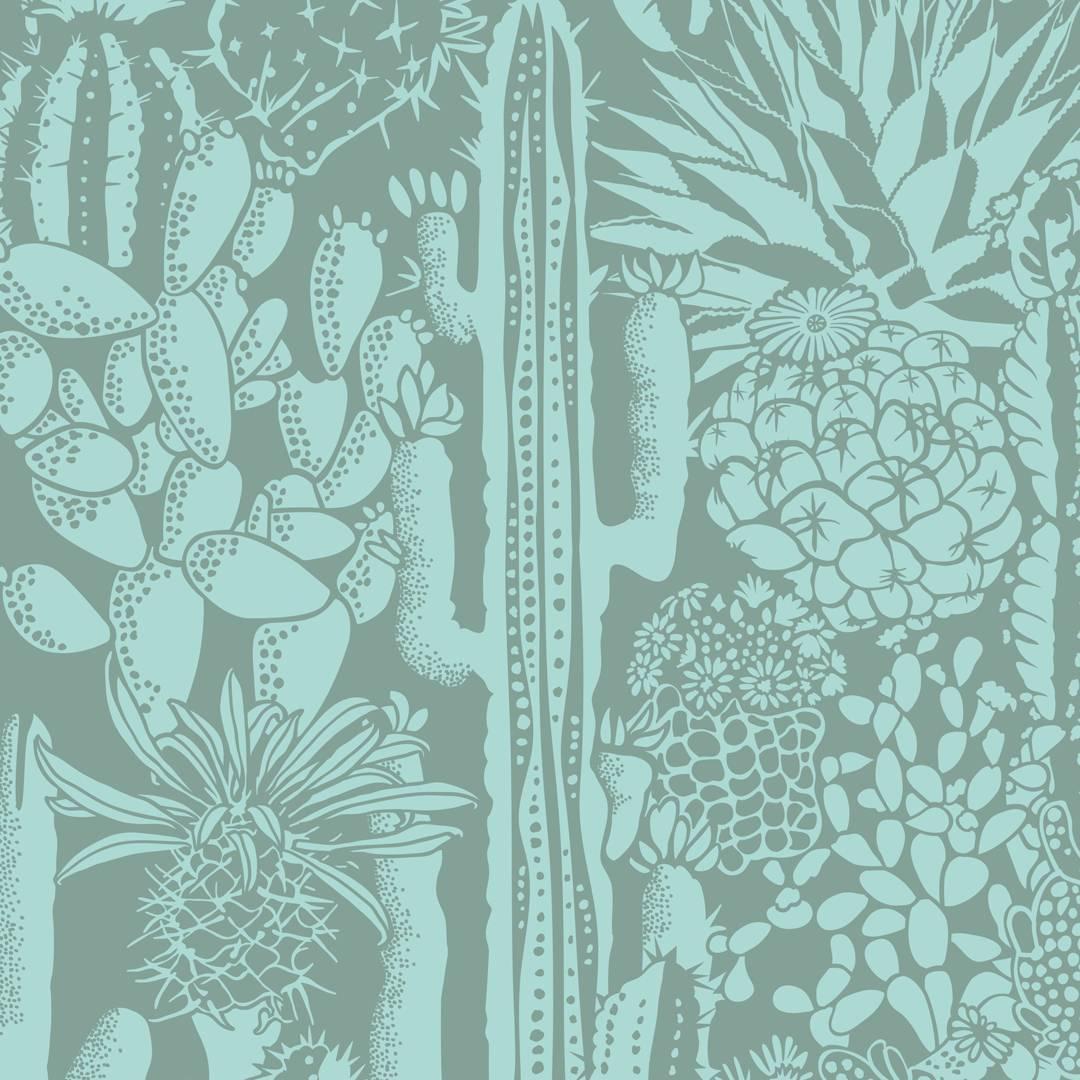 Cactus Spirit Designer Wallpaper in Sage 'Mint and Frost Green' For Sale