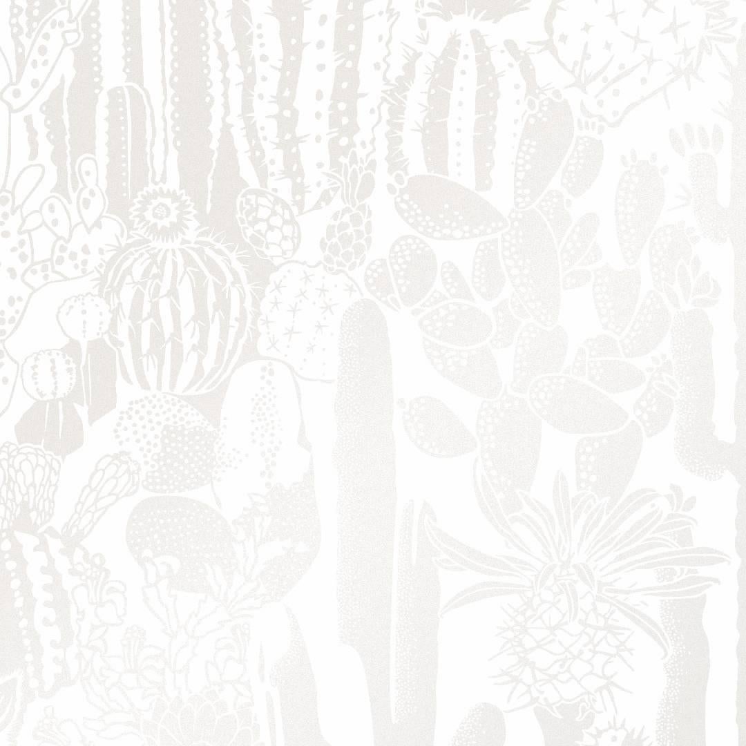 Cactus Spirit Designer Wallpaper in Mist 'Pearlescent on White'