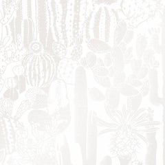 Vintage Cactus Spirit Designer Wallpaper in Mist 'Pearlescent on White'