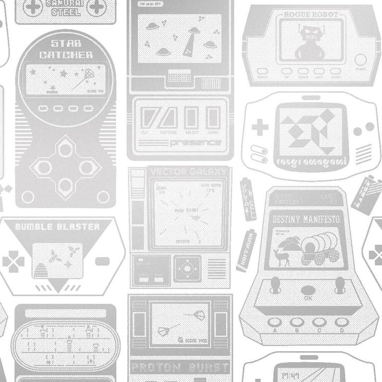 Gameland Designer Wallpaper in Glimmer &lsquo;Metallic Silver on White&rsquo; For