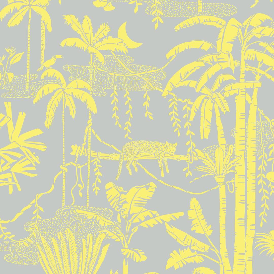 Jungle Dream Designer Screen Printed Wallpaper in Zest 'Yellow and Grey' For Sale