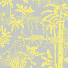 Papier peint sérigraphié de créateur Jungle Dream en zest jaune et gris