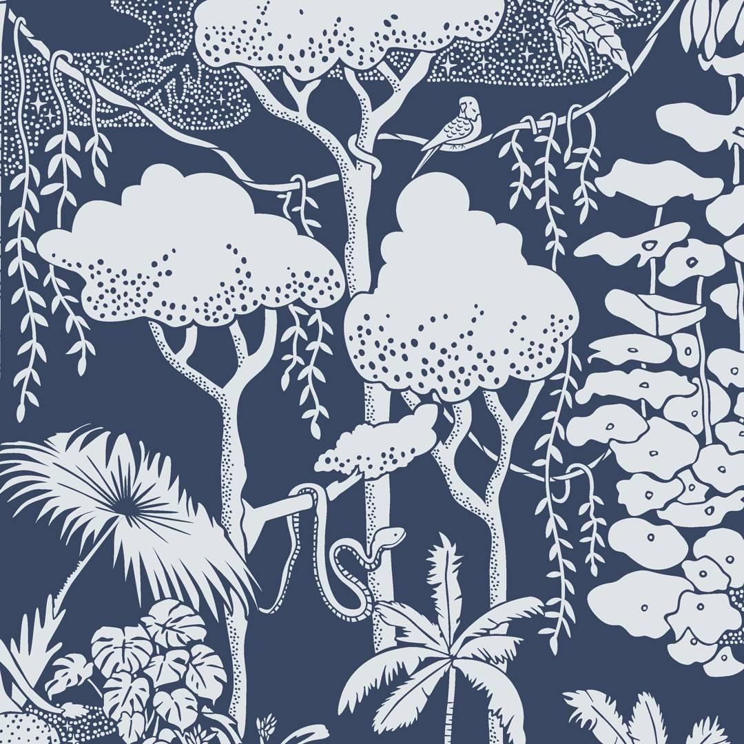 Jungle Dream Designer Wallpaper in Lune 'Pale Grey and Navy'