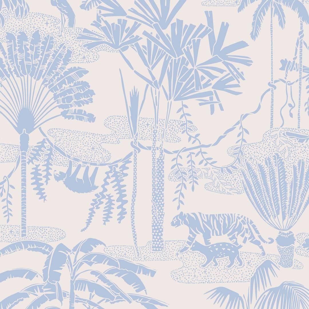 Jungle Dream Designer Wallpaper in Lily 'Grey-Blue and Blush' For Sale