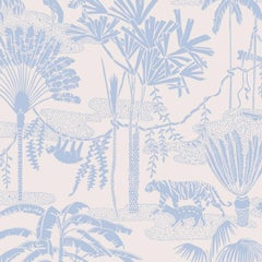 Retro Jungle Dream Designer Wallpaper in Lily 'Grey-Blue and Blush'