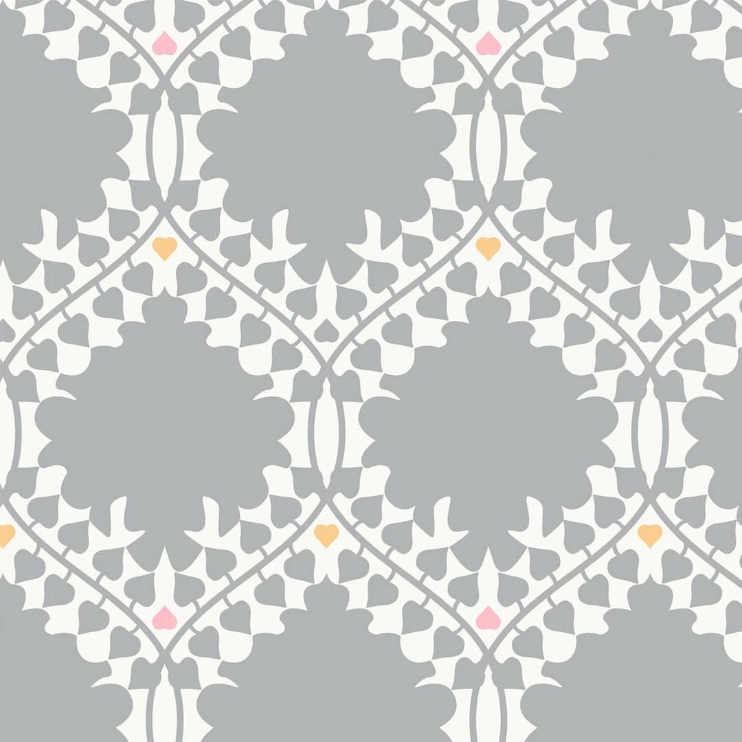 Papel pintado de diseño Damasco de hojas en clásico 'Gris, rosa, naranja y blanco suave'