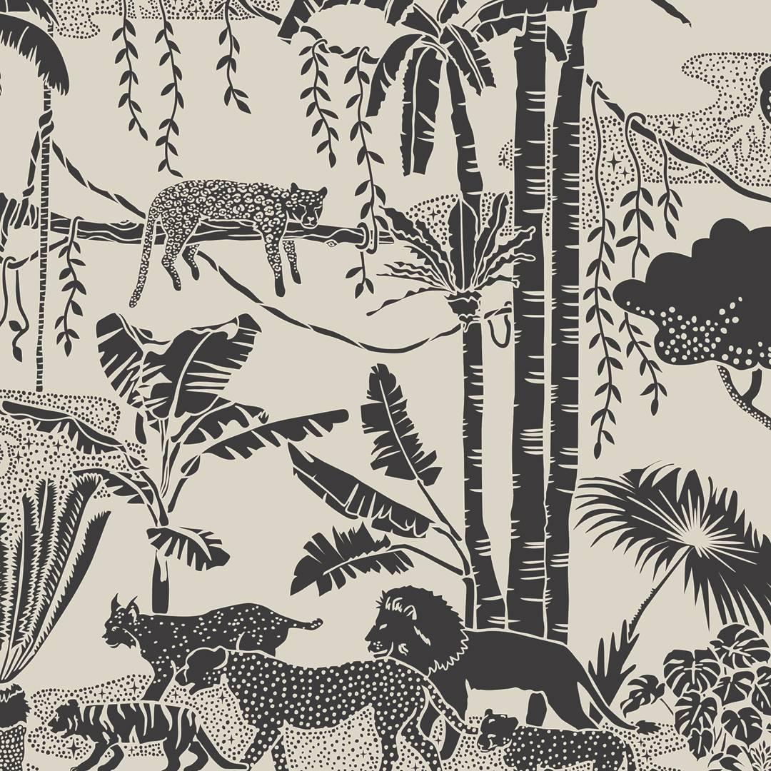 Jungle Dream Designer Wallpaper in Color Newsprint 'Black and Warm Neutral'