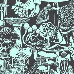 Mushroom City Designer Wallpaper in Mint-Chip 'Mint on Charcoal'