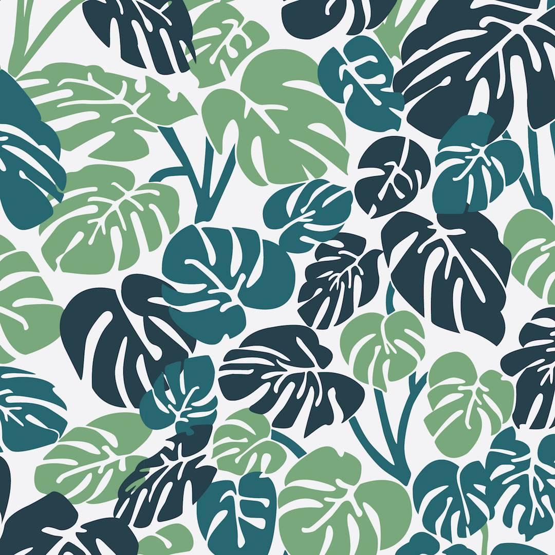 Papier peint de créateur Deliciosa en forêt tropicale vert, sarcelle, bleu marine et gris pâle