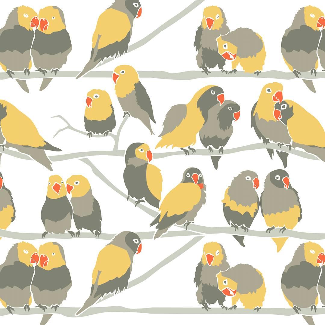 Lovebirds Designer Wallpaper 'Yellow, Grey, Taupe, Orange and Pale Grey'