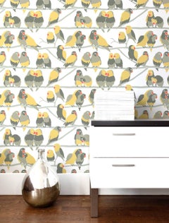 Lovebirds Designer Wallpaper 'Yellow, Grey, Taupe, Orange and Pale Grey'