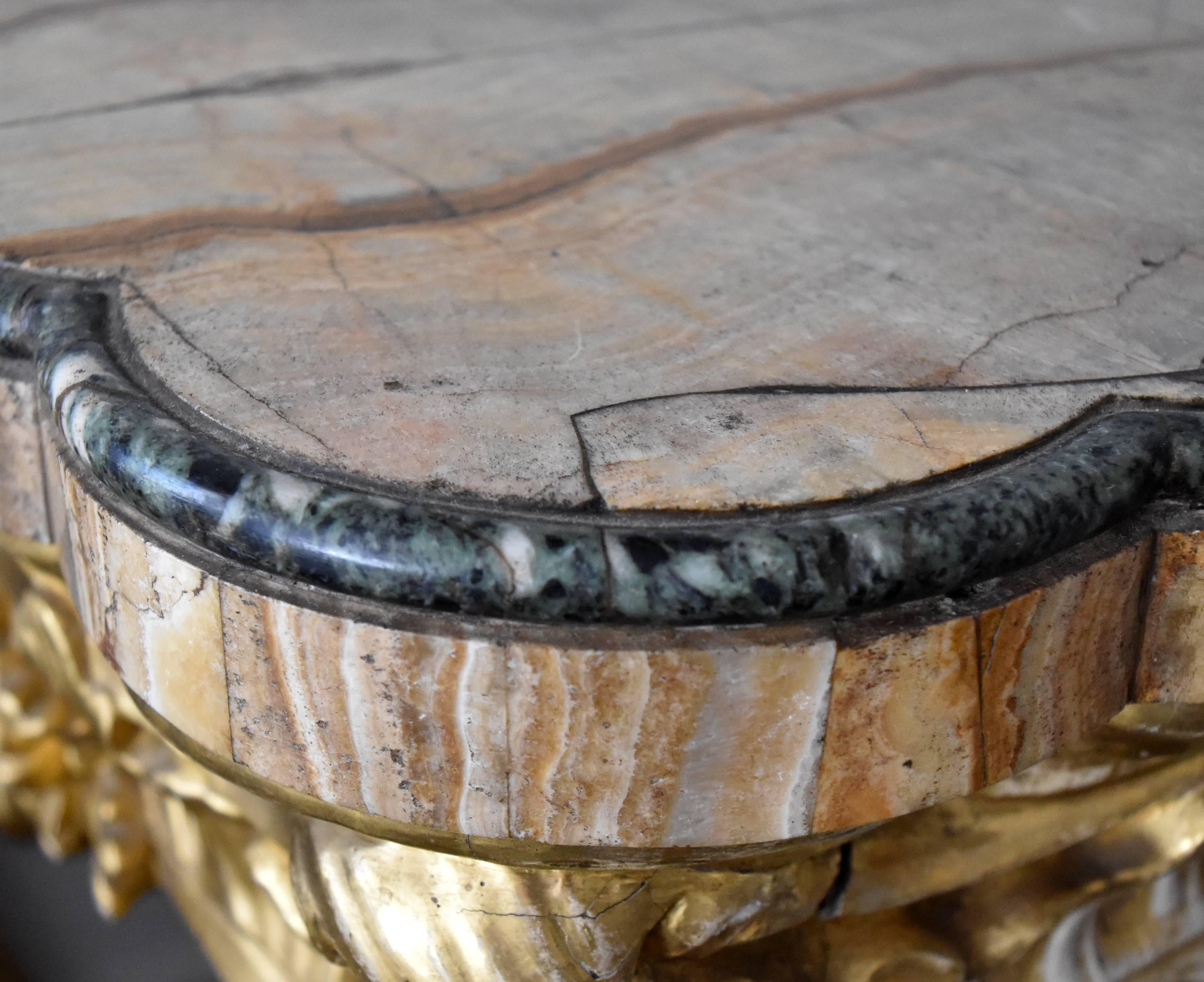 Baroque 18th Century, French Gold Guilted Console Table with Fossilized Marble Top