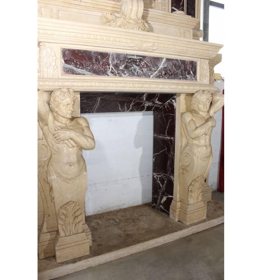 20th Century Monumental Neoclassical Two-Story Egyptian and Alicante Marble Fireplace Mantle