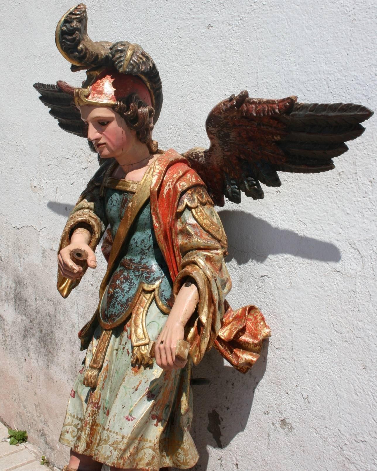 18th Century and Earlier San Miguel Arcángel in Carved Wood, Polychrome, Stewed and Gold, Castilla FF SX For Sale