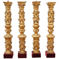 18th Century Baroque Spanish Set of Four Fruitwood Gilded Columns