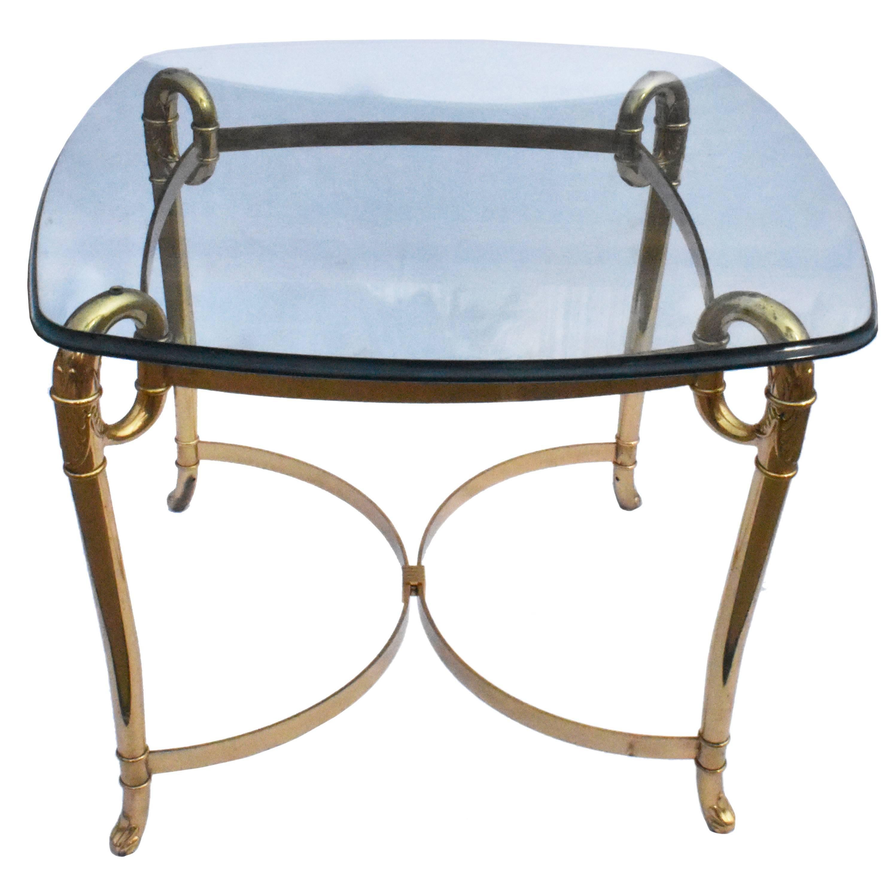 Italian, 1980s rectangular tables with gilded bronze bases and smoked glass tops.