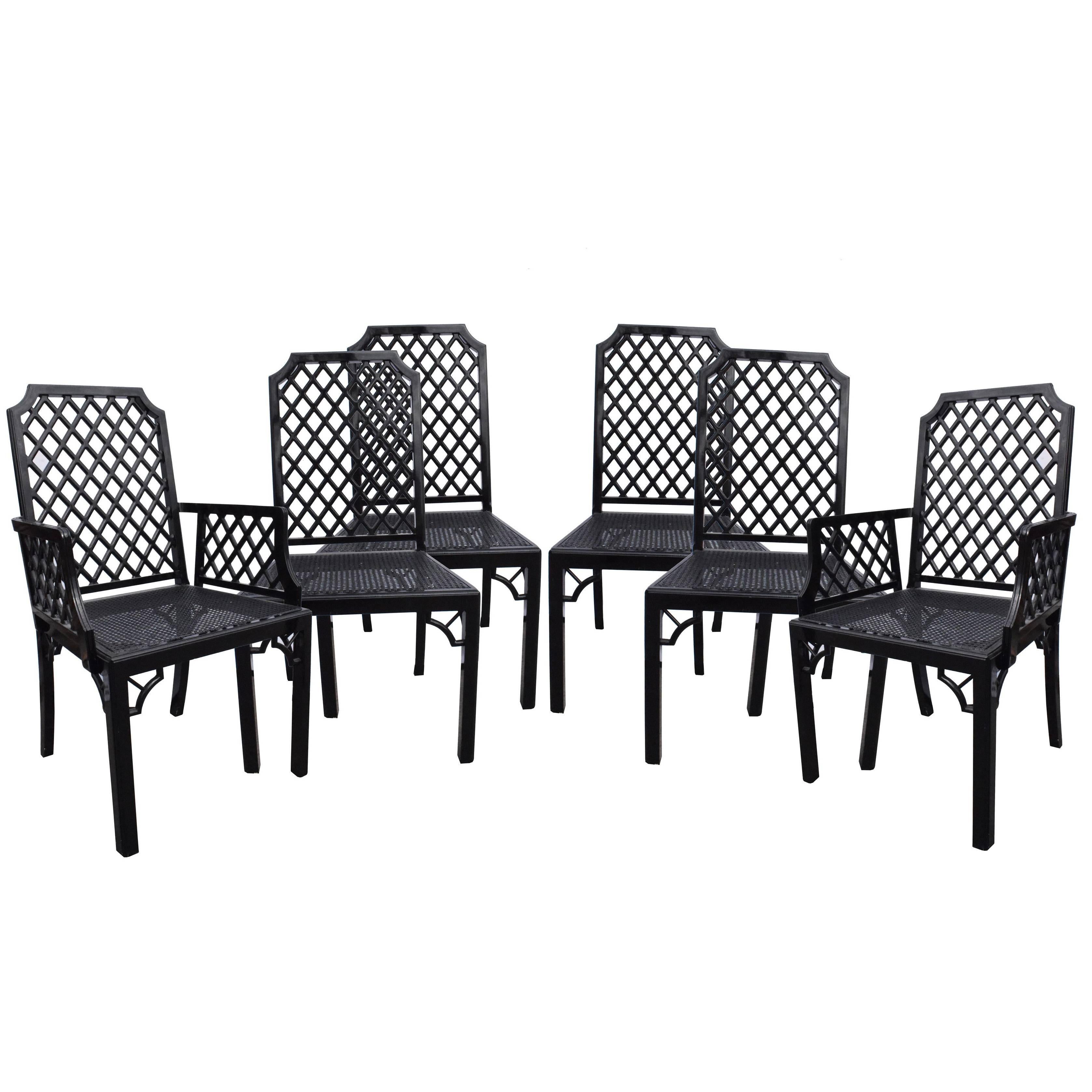1980s Black Lacquered Wooden Set of Four Chairs and Two Armchairs