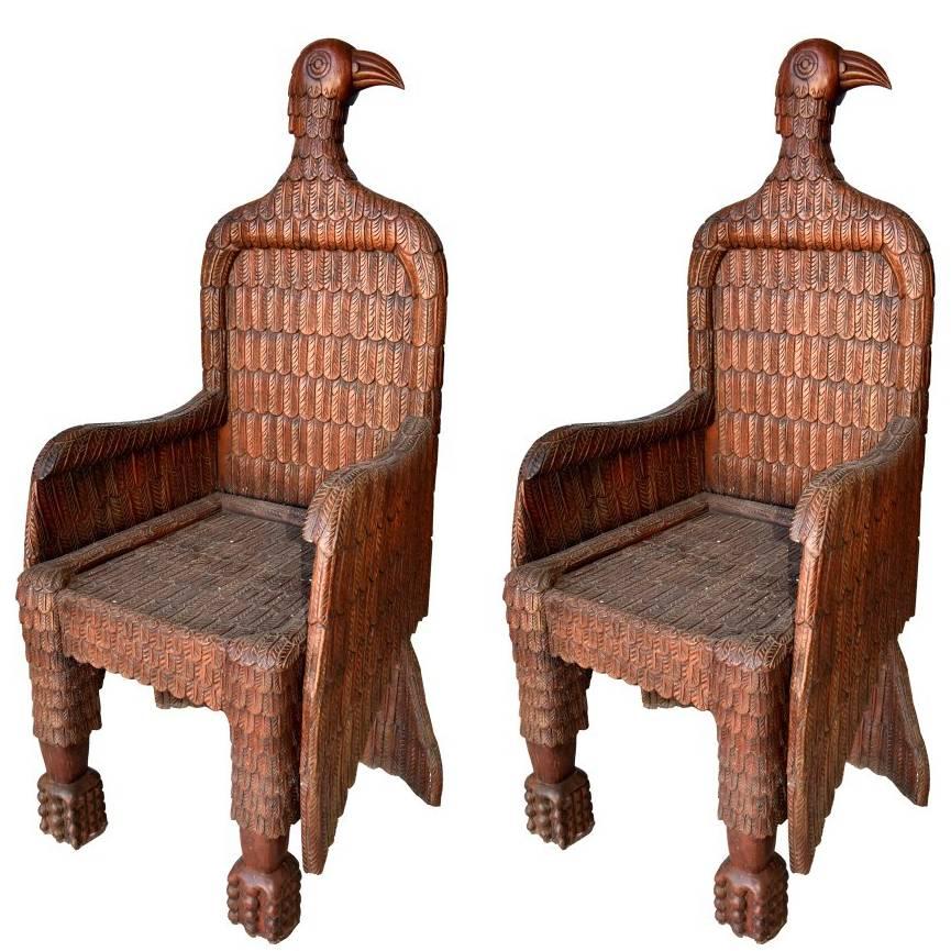 Spanish Pair of Eagle Shaped Wooden Armchairs, 1990s