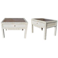 1980s Pair of One Drawer wicker Bedside Tables with Crema Marble Tops