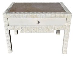 1980s Pair of One Drawer wicker Bedside Tables with Crema Marble Tops