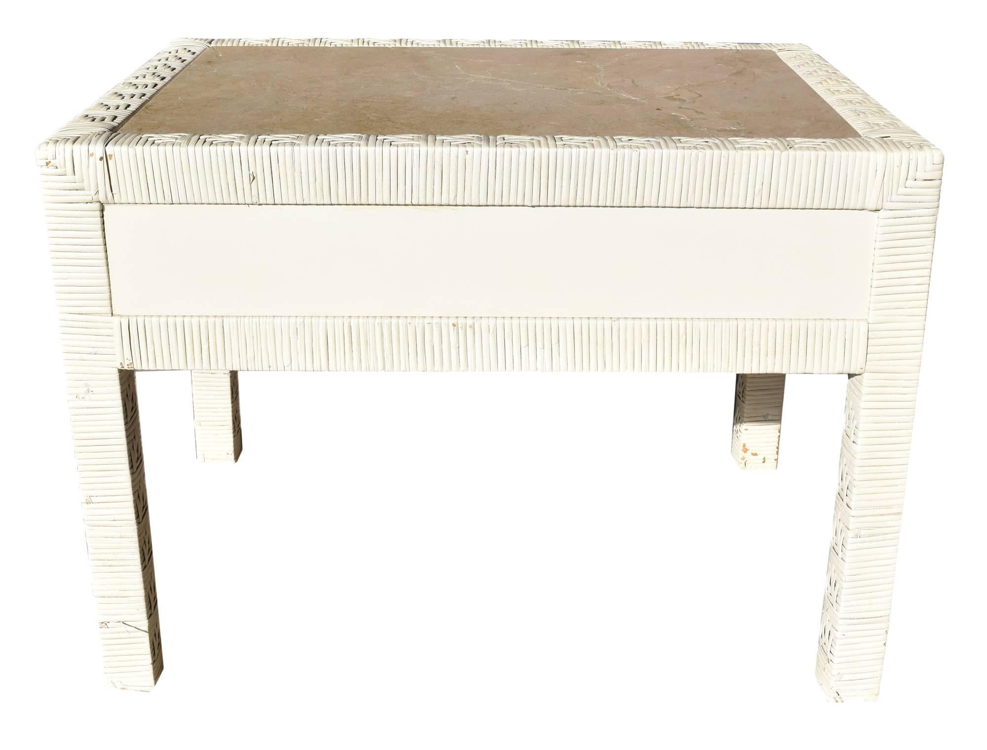 1980s Pair of One Drawer wicker Bedside Tables with Crema Marble Tops For Sale 2