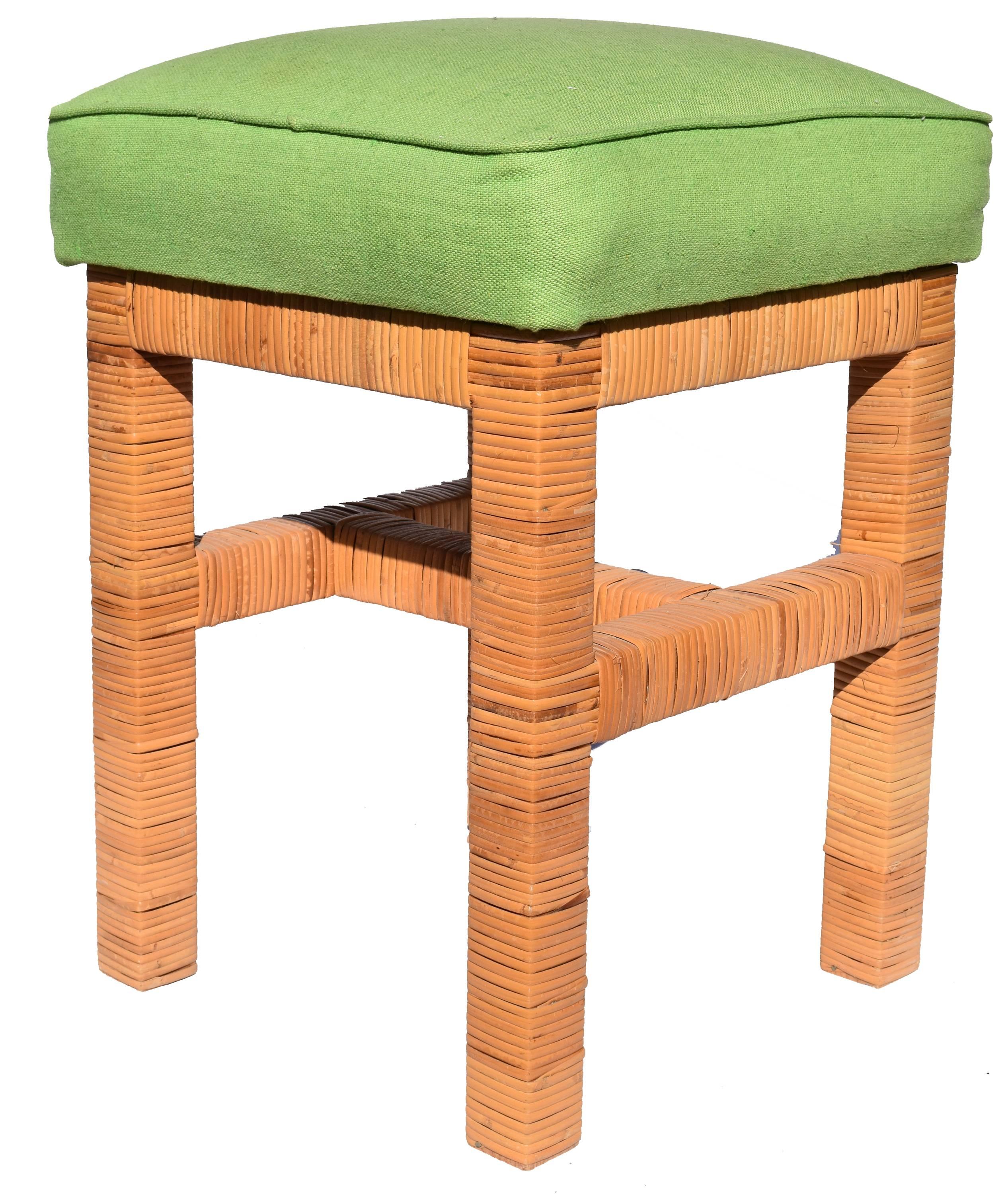 1980s Pair of Green Upholstered Rattan Stools In Good Condition In Marbella, ES