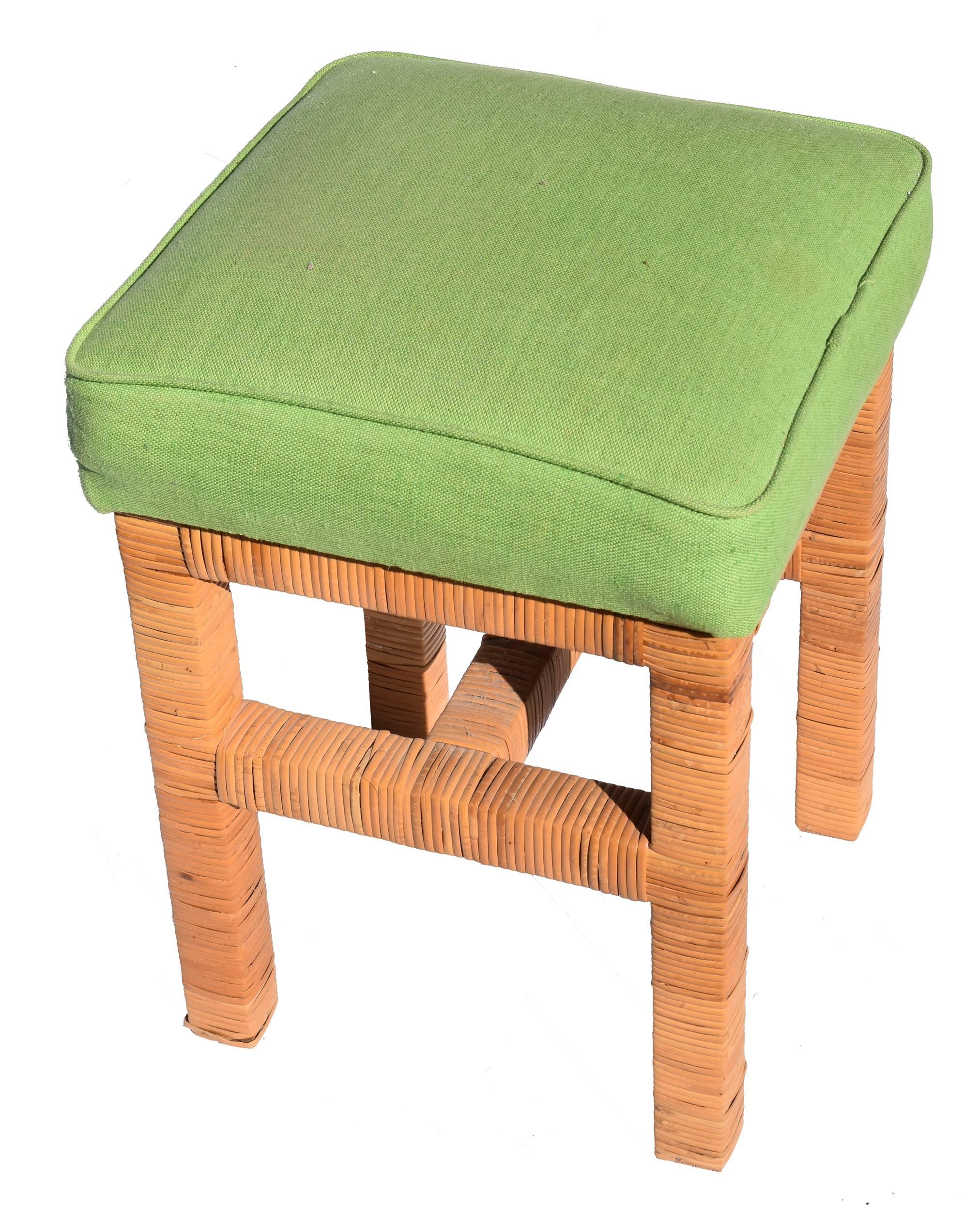Late 20th Century 1980s Pair of Green Upholstered Rattan Stools