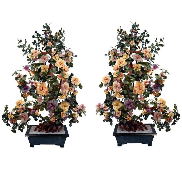 Asian 1950s Pair Of Serpentine And Onix Bonsai Trees For Sale At 1stdibs