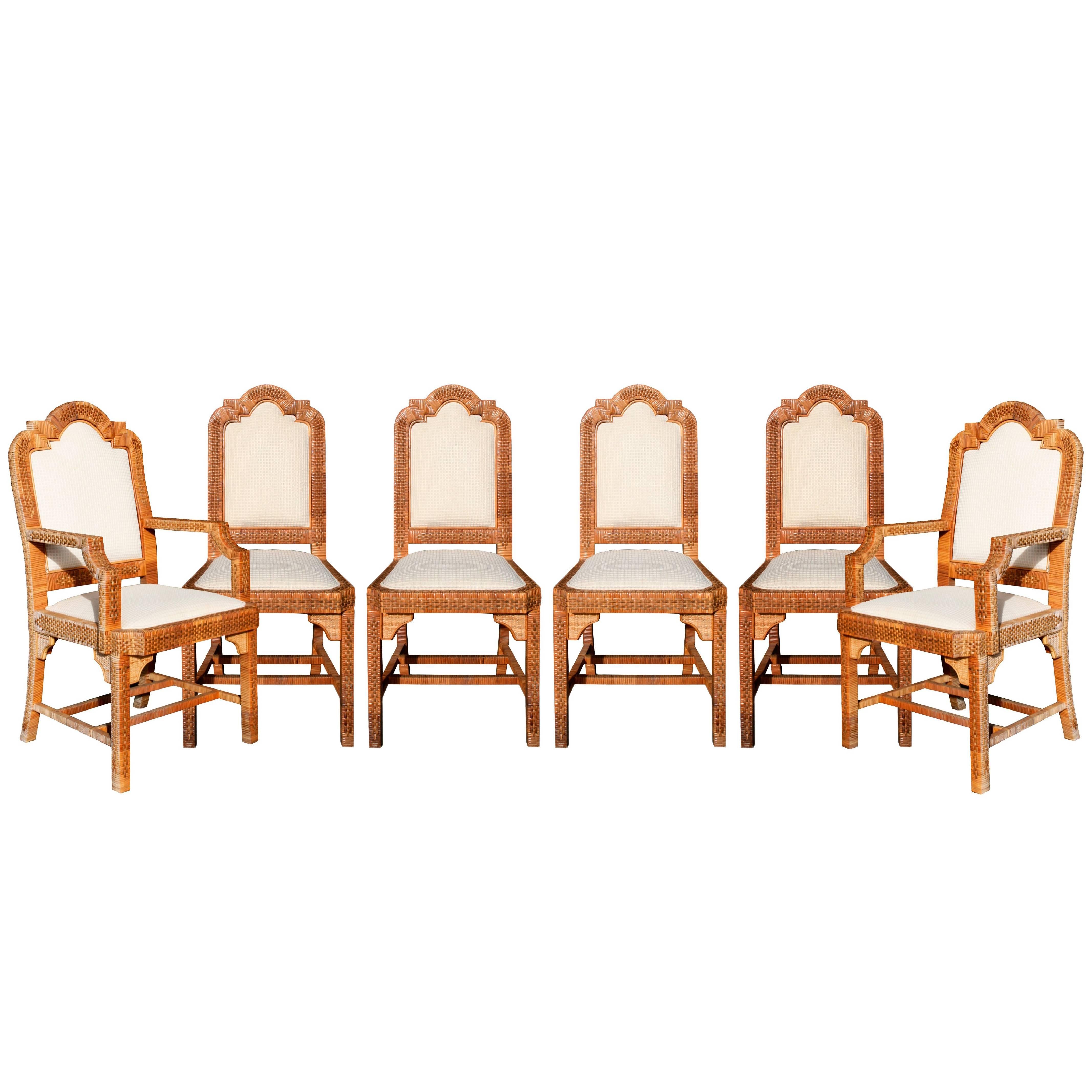 1980s Six-Piece Seating Set, Solid Wood Frames Lined with Interlaced Wicker