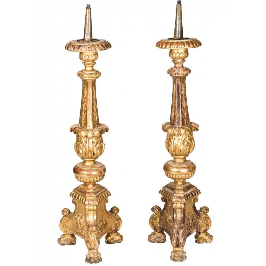 18th Century Pair of Italian Grand Scale Gold Gilded Pricket Sticks For Sale