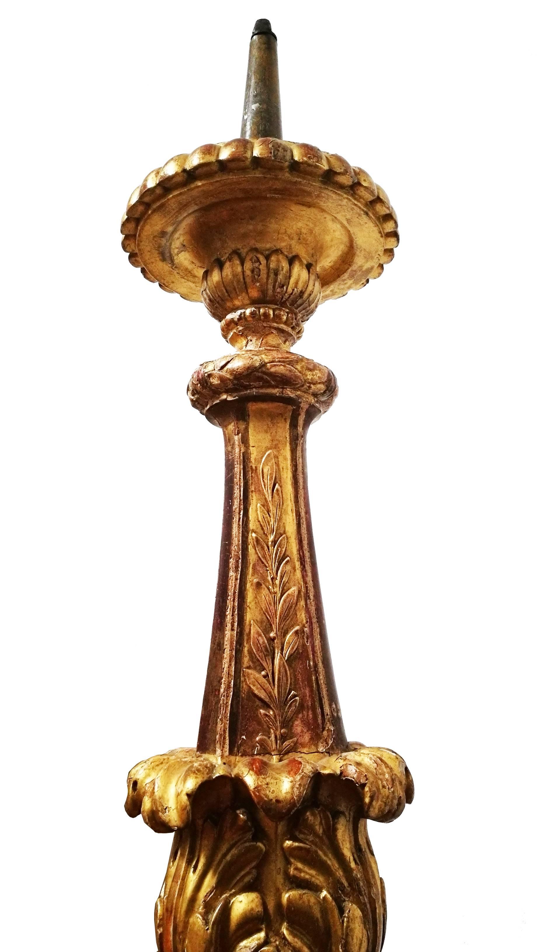 Baroque 18th Century Pair of Italian Grand Scale Gold Gilded Pricket Sticks For Sale