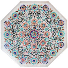 Octogonal Italian Pietre Dure Semiprecious Hardstone Inlay White Marble Tabletop