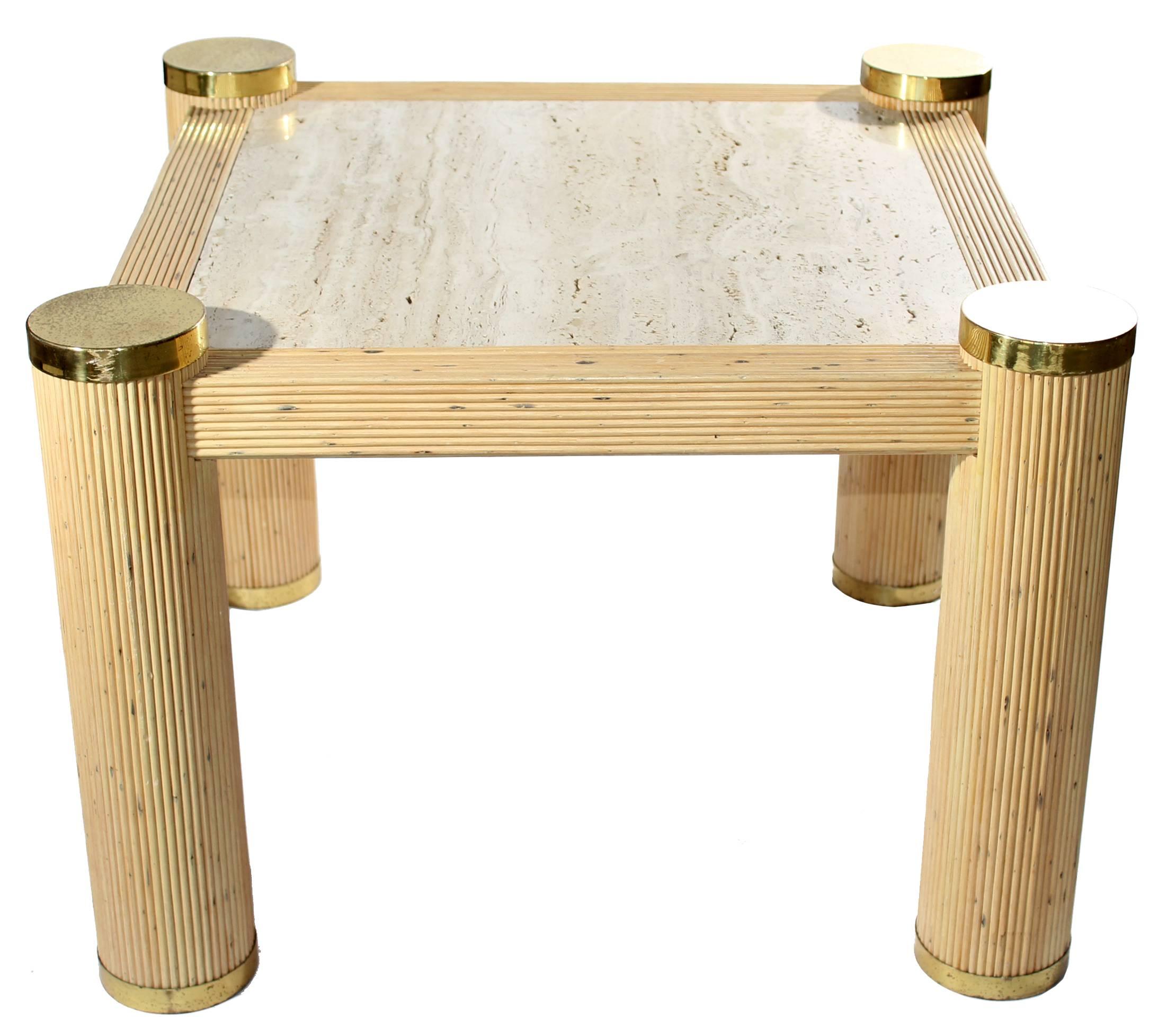1980s Italian bamboo table with brass decorations and a Romano travertine top.


          